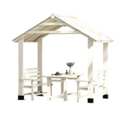 SOLARA Outdoor Pavilion - Heavy-Duty Solid Wood Frame with Double Chairs & Center Table, Durable Sunshade Canopy Garden Gazebo - White