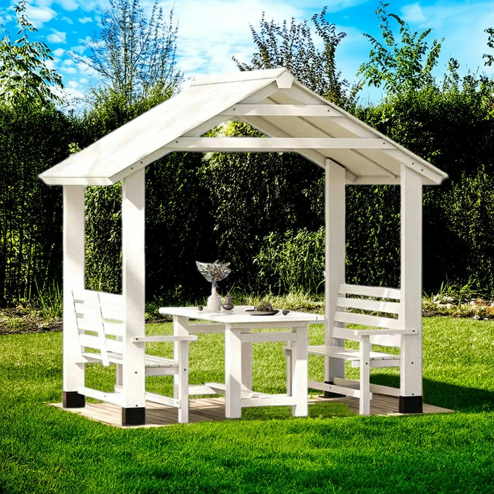 SOLARA Outdoor Pavilion - Heavy-Duty Solid Wood Frame with Double Chairs & Center Table, Durable Sunshade Canopy Garden Gazebo - White