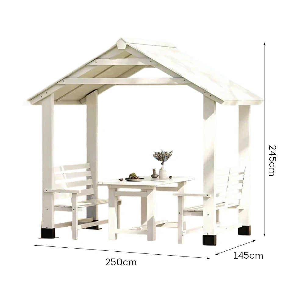 SOLARA Outdoor Pavilion - Heavy-Duty Solid Wood Frame with Double Chairs & Center Table, Durable Sunshade Canopy Garden Gazebo - White