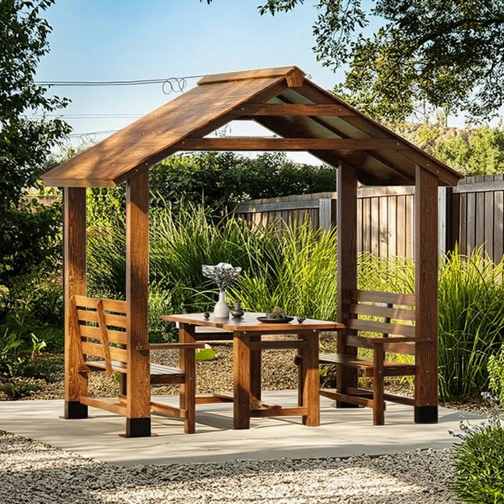 SOLARA Outdoor Pavilion - Heavy-Duty Solid Wood Frame with Double Chairs & Center Table, Durable Sunshade Canopy Garden Gazebo - Yellow