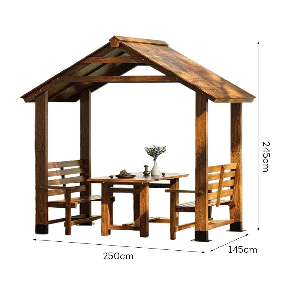 SOLARA Outdoor Pavilion - Heavy-Duty Solid Wood Frame with Double Chairs & Center Table, Durable Sunshade Canopy Garden Gazebo - Yellow