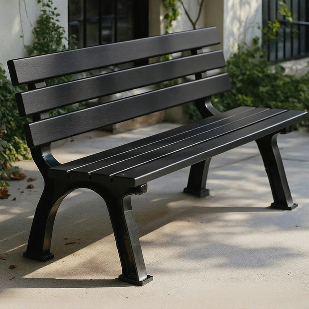 SOLARA Outdoor Backrest Bench - Durable Solid Structure with Iron Legs, Ergonomic Wide Seat & Backrest, Eco-Friendly Weather-Resistant Finish - Black