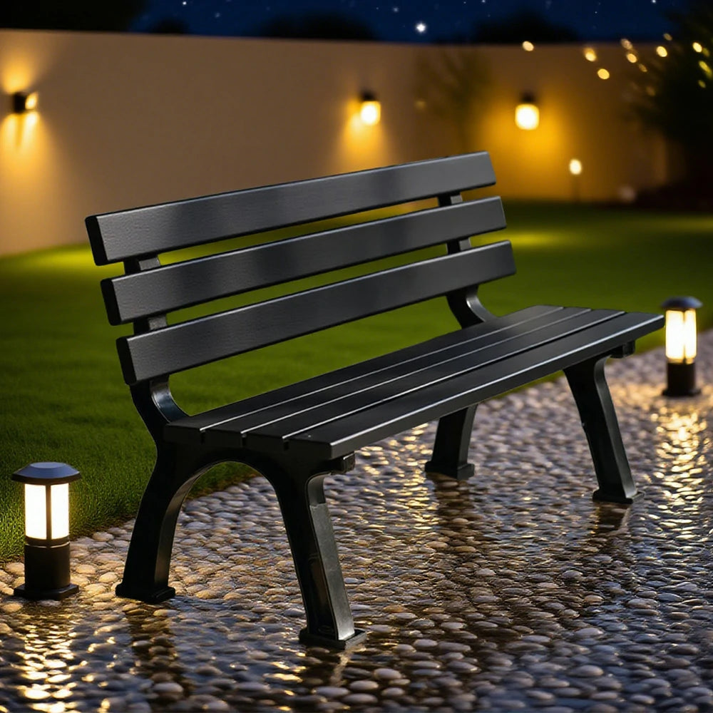 SOLARA Outdoor Backrest Bench - Durable Solid Structure with Iron Legs, Ergonomic Wide Seat & Backrest, Eco-Friendly Weather-Resistant Finish - Black