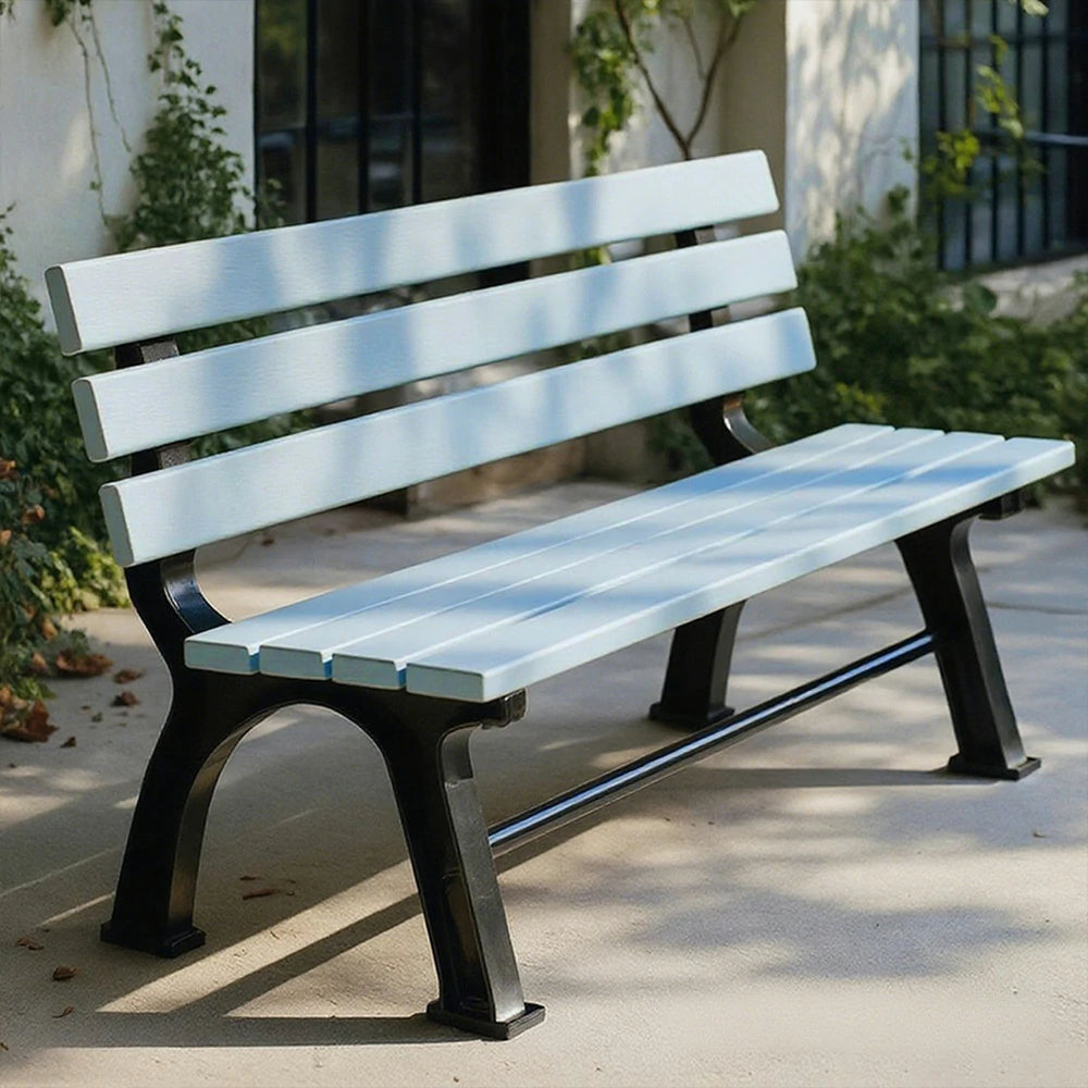 SOLARA Outdoor Backrest Bench - Durable Solid Structure with Iron Legs, Ergonomic Wide Seat & Backrest, Eco-Friendly Weather-Resistant Finish - Blue