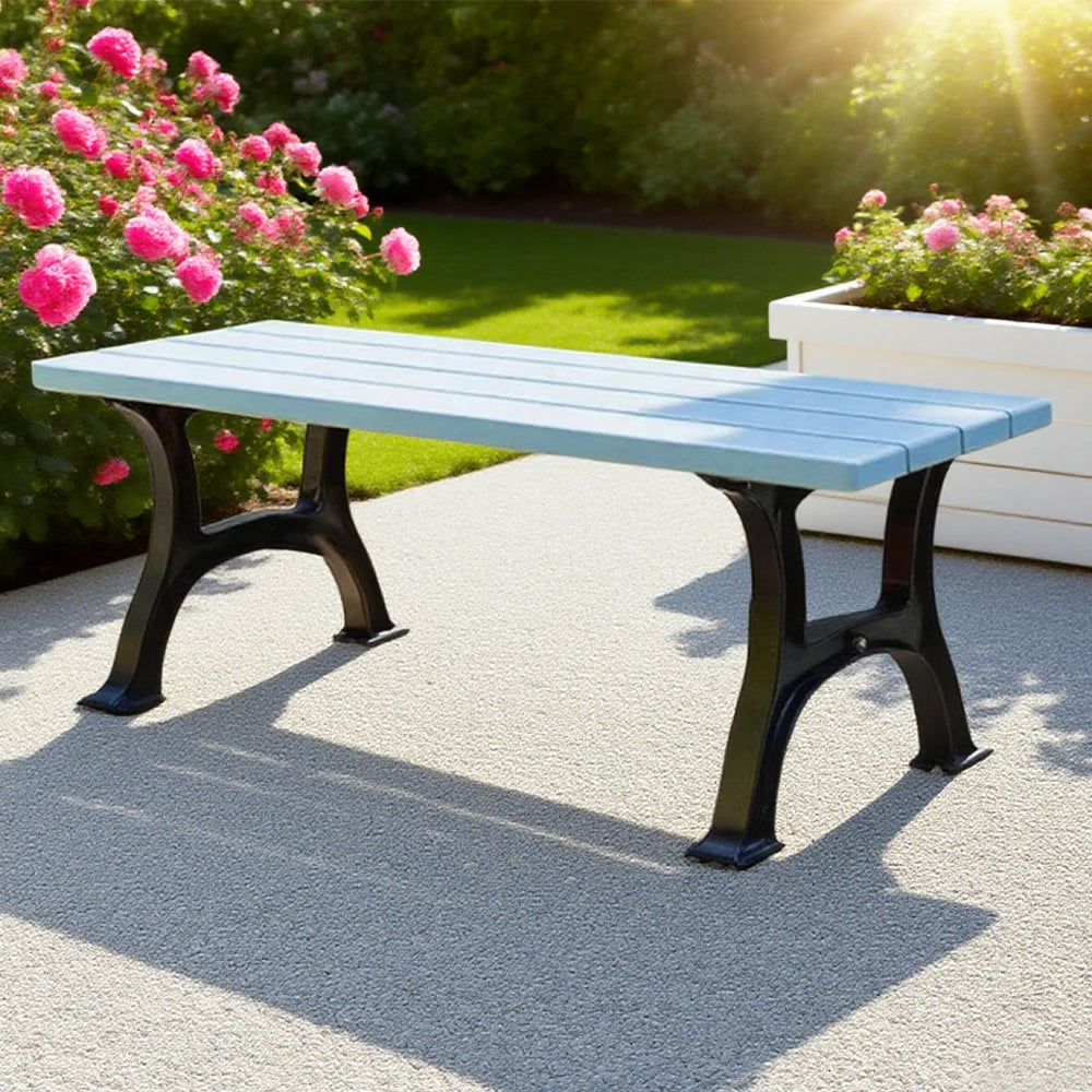 SOLARA Outdoor Bench - Durable Solid Structure with Iron Legs, Ergonomic Wide Seat, Eco-Friendly Weather-Resistant Finish - Blue