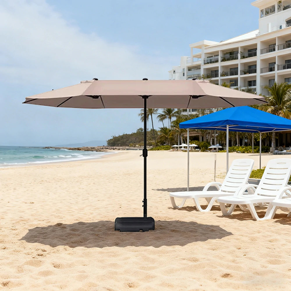 SOLARA Outdoor Patio Umbrella - 380/455cm Rectangular Canopy, Sunshade & Rain Protection, Heavy-Duty Frame, 60kg Water-Filled Base - Khaki