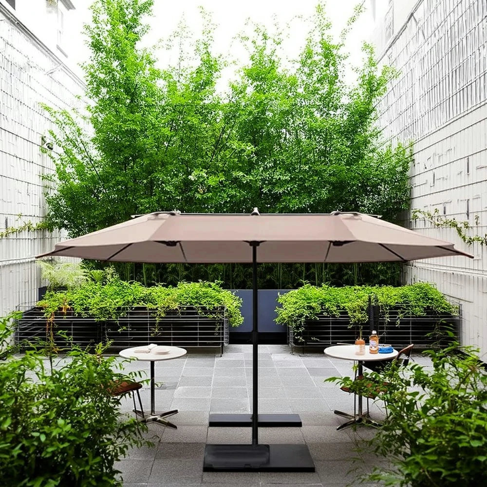 SOLARA Outdoor Patio Umbrella - 380/455cm Rectangular Canopy, Sunshade & Rain Protection, Heavy-Duty Frame, 60kg Water-Filled Base - Khaki