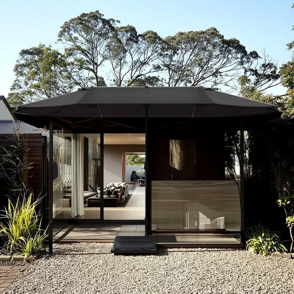 SOLARA Outdoor Patio Umbrella - 380/455cm Rectangular Canopy, Sunshade & Rain Protection, Heavy-Duty Frame, 60kg Water-Filled Base - Black