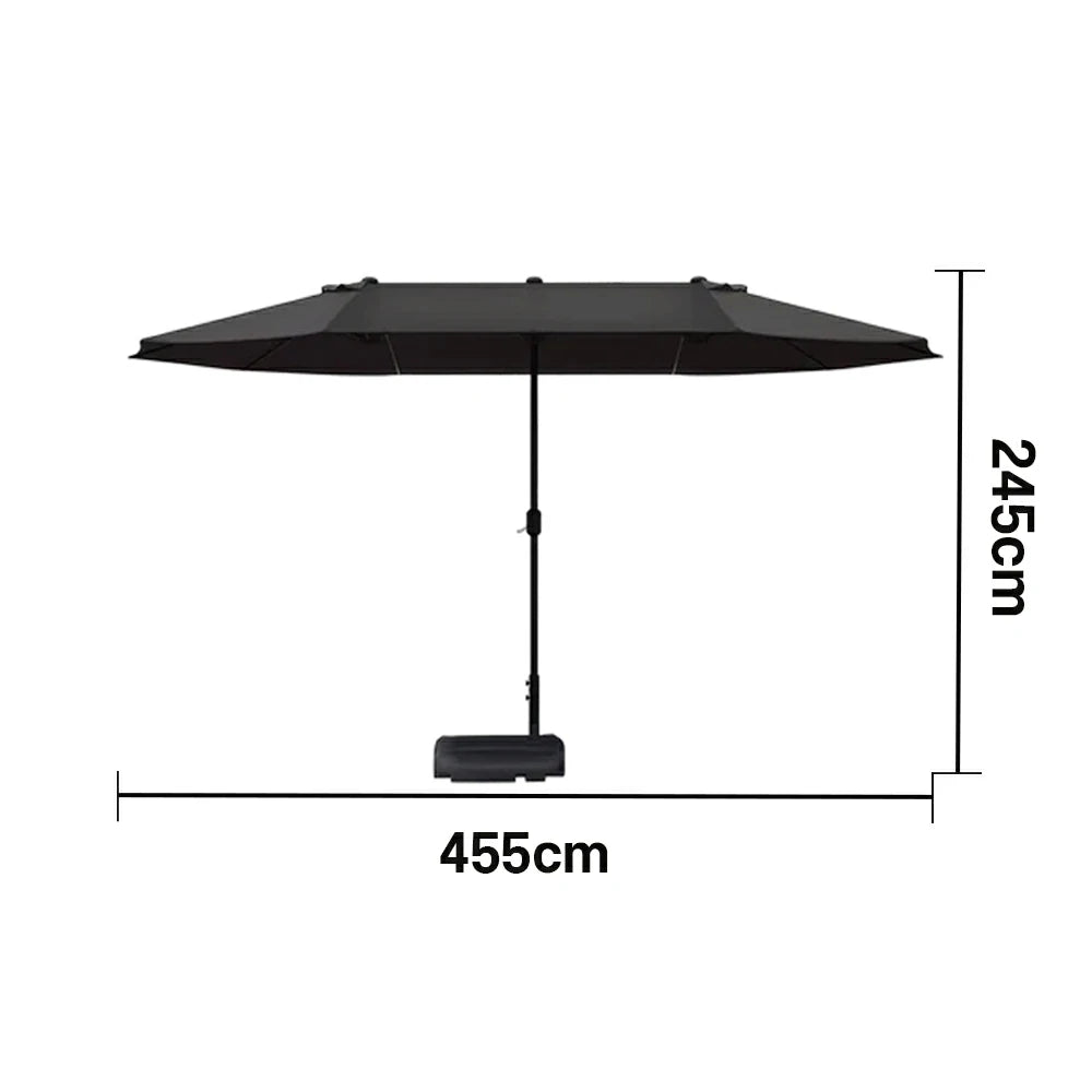 SOLARA Outdoor Patio Umbrella - 380/455cm Rectangular Canopy, Sunshade & Rain Protection, Heavy-Duty Frame, 60kg Water-Filled Base - Black