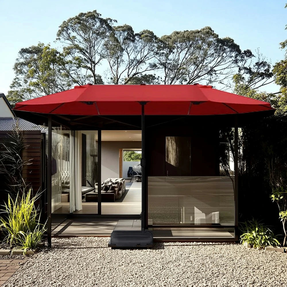 SOLARA Outdoor Patio Umbrella - 380/455cm Rectangular Canopy, Sunshade & Rain Protection, Heavy-Duty Frame, 60kg Water-Filled Base - Wine