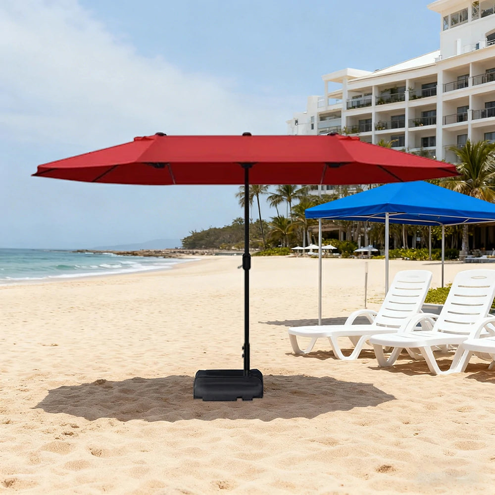 SOLARA Outdoor Patio Umbrella - 380/455cm Rectangular Canopy, Sunshade & Rain Protection, Heavy-Duty Frame, 60kg Water-Filled Base - Wine