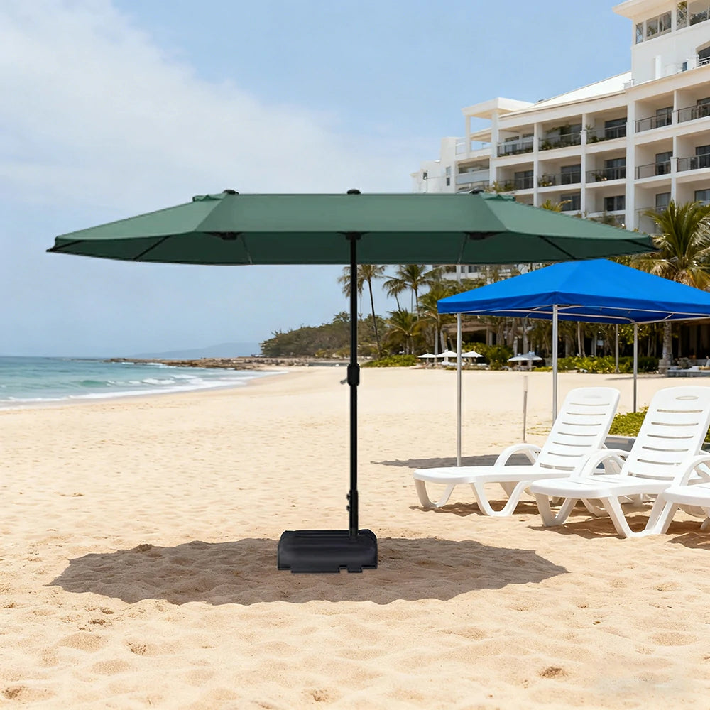 SOLARA Outdoor Patio Umbrella - 380/455cm Rectangular Canopy, Sunshade & Rain Protection, Heavy-Duty Frame, 60kg Water-Filled Base - Green