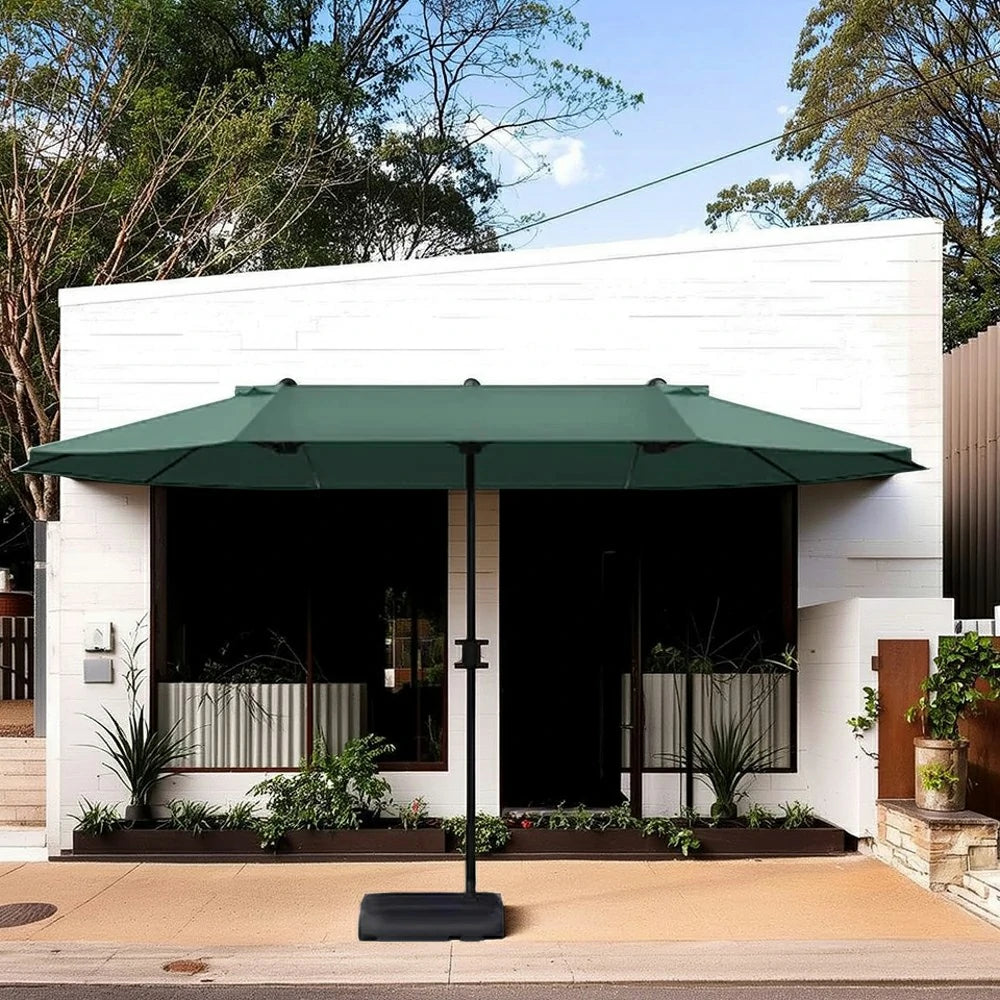 SOLARA Outdoor Patio Umbrella - 380/455cm Rectangular Canopy, Sunshade & Rain Protection, Heavy-Duty Frame, 60kg Water-Filled Base - Green