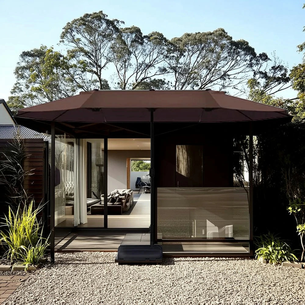 SOLARA Outdoor Patio Umbrella - 380/455cm Rectangular Canopy, Sunshade & Rain Protection, Heavy-Duty Frame, 60kg Water-Filled Base - Coffee