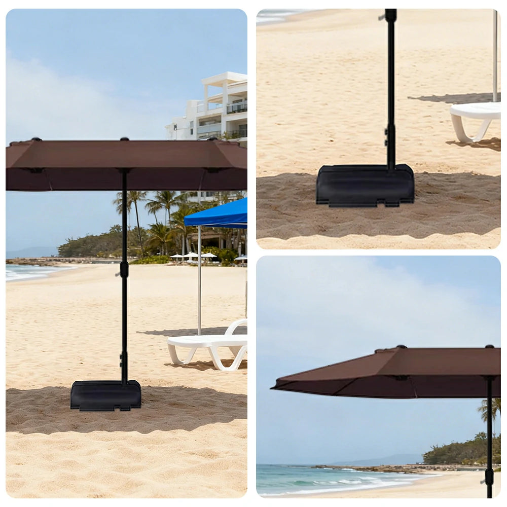 SOLARA Outdoor Patio Umbrella - 380/455cm Rectangular Canopy, Sunshade & Rain Protection, Heavy-Duty Frame, 60kg Water-Filled Base - Coffee