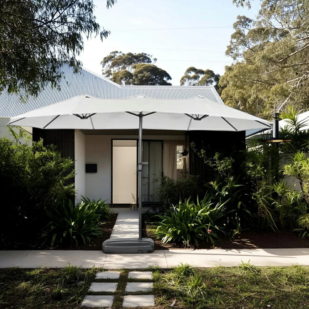 SOLARA Outdoor Patio Umbrella - 380/455cm Rectangular Canopy, Sunshade & Rain Protection, Heavy-Duty Frame, 60kg Water-Filled Base - Beige