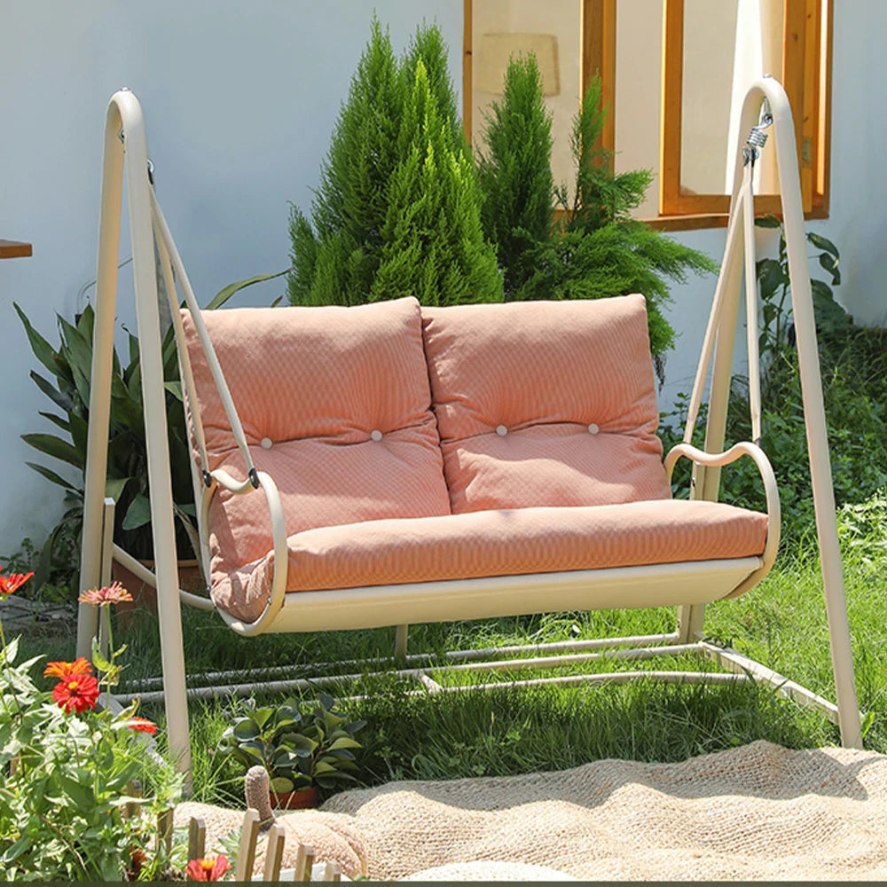 SOLARA Double Swing Chair - Sturdy Alloy Frame, Solid Wood Seat with Soft Cushion & Pillow, 147cm Outdoor Hanging Chair - Pink