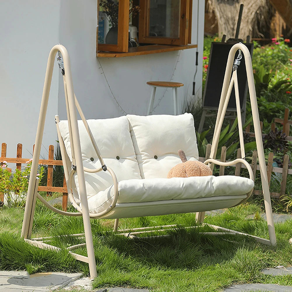 SOLARA Double Swing Chair - Sturdy Alloy Frame, Solid Wood Seat with Soft Cushion & Pillow, 147cm Outdoor Hanging Chair - White