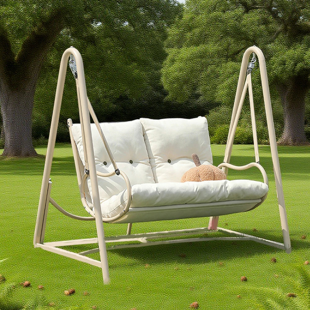 SOLARA Double Swing Chair - Sturdy Alloy Frame, Solid Wood Seat with Soft Cushion & Pillow, 147cm Outdoor Hanging Chair - White