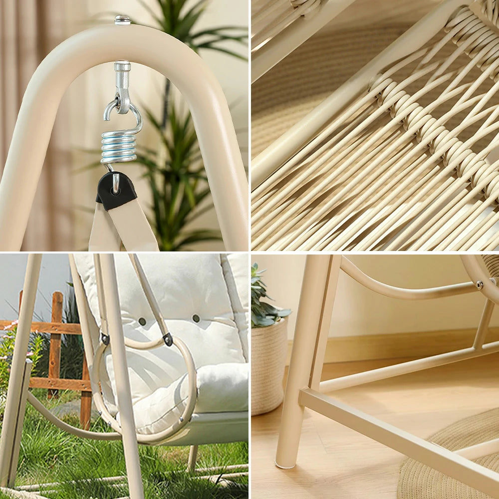 SOLARA Double Swing Chair - Sturdy Alloy Frame, Solid Wood Seat with Soft Cushion & Pillow, 147cm Outdoor Hanging Chair - White