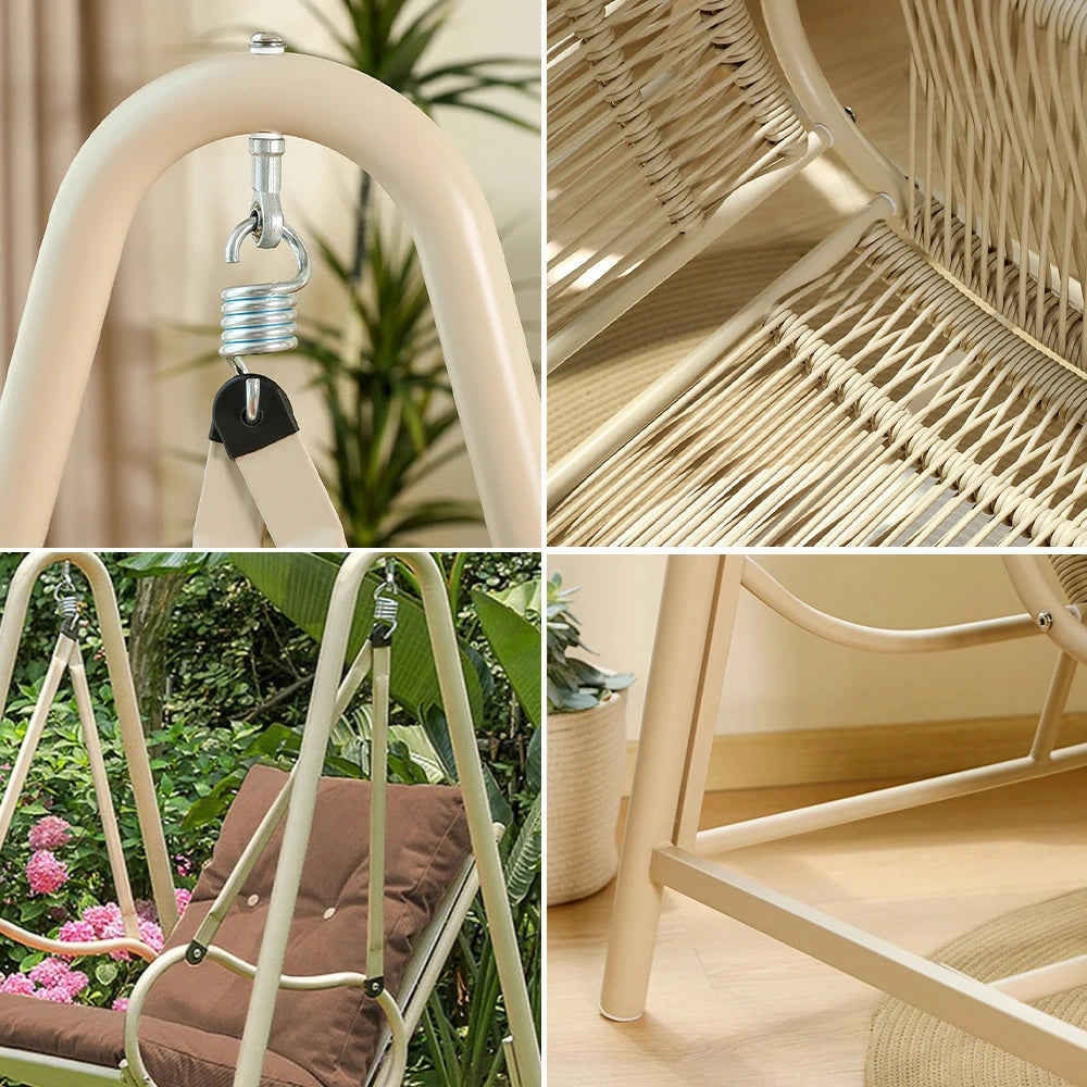 SOLARA Single Swing Chair - Sturdy Alloy Frame, Solid Wood Seat with Soft Cushion & Pillow, 100cm Outdoor Hanging Chair - Brown