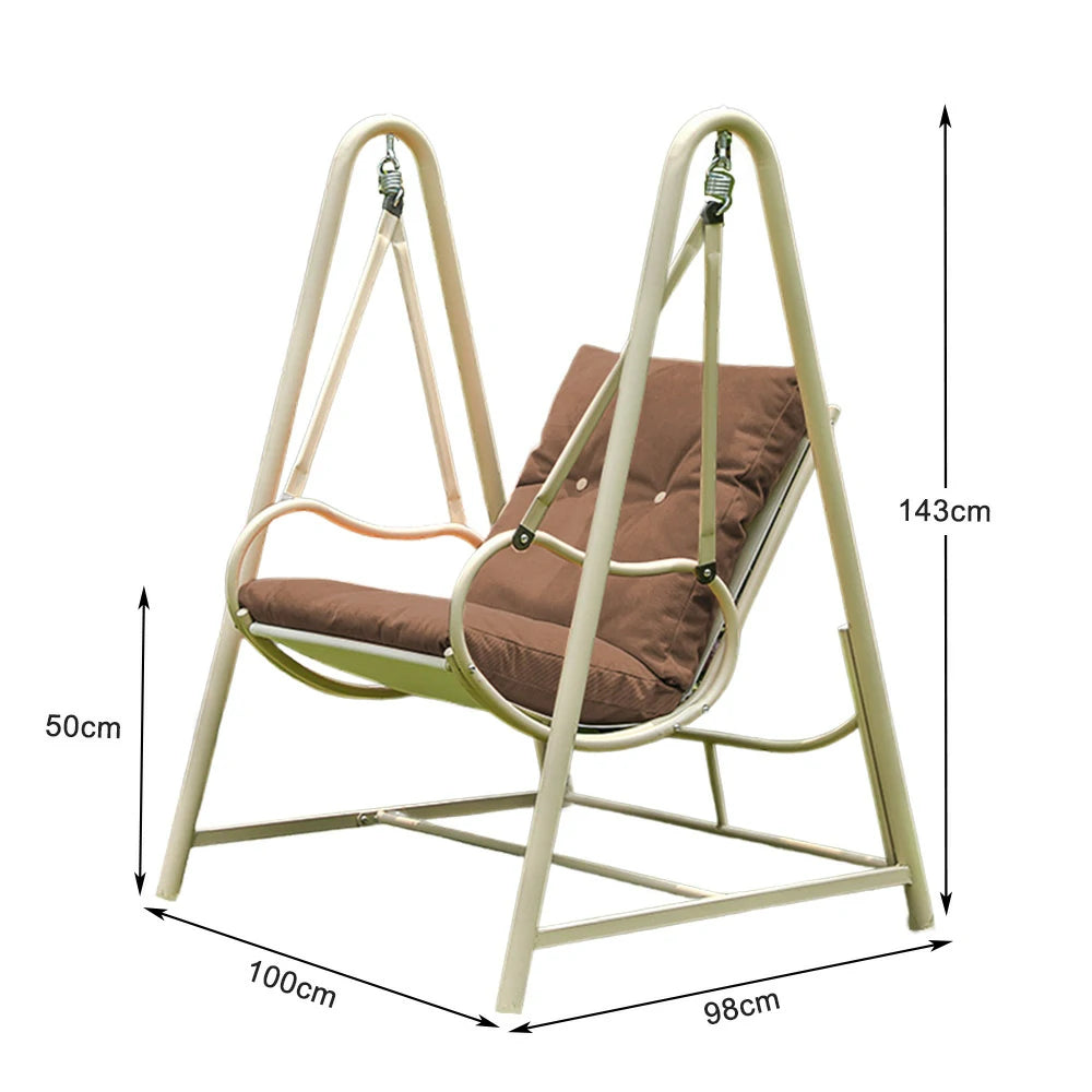 SOLARA Single Swing Chair - Sturdy Alloy Frame, Solid Wood Seat with Soft Cushion & Pillow, 100cm Outdoor Hanging Chair - Brown