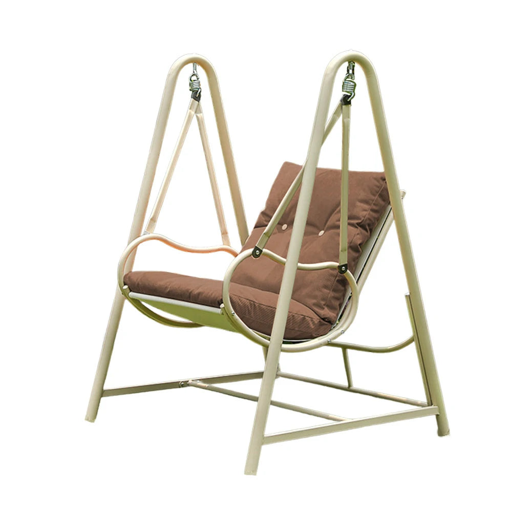 SOLARA Single Swing Chair - Sturdy Alloy Frame, Solid Wood Seat with Soft Cushion & Pillow, 100cm Outdoor Hanging Chair - Brown