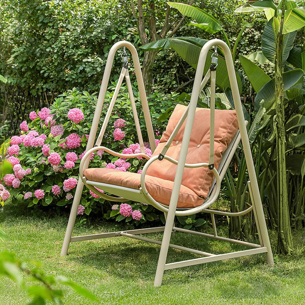 SOLARA Single Swing Chair - Sturdy Alloy Frame, Solid Wood Seat with Soft Cushion & Pillow, 100cm Outdoor Hanging Chair - Pink