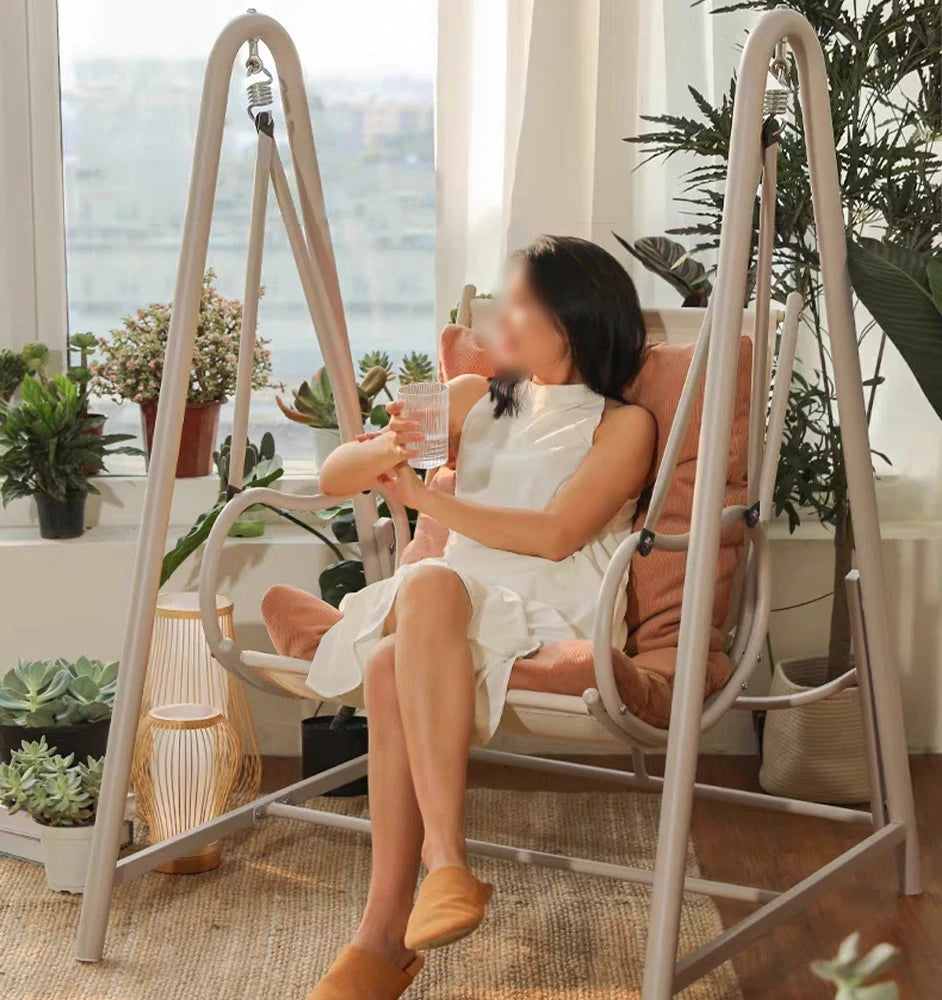 SOLARA Single Swing Chair - Sturdy Alloy Frame, Solid Wood Seat with Soft Cushion & Pillow, 100cm Outdoor Hanging Chair - Pink