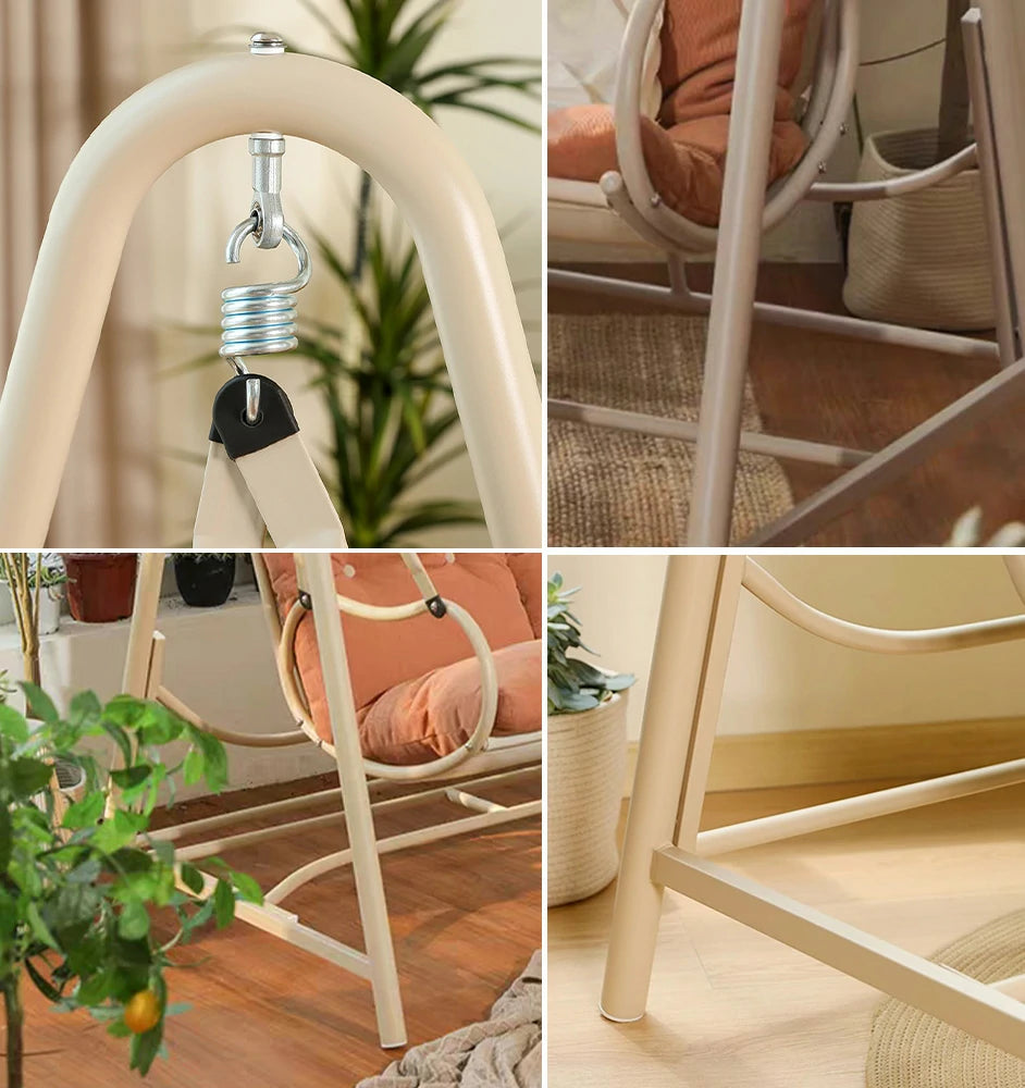 SOLARA Single Swing Chair - Sturdy Alloy Frame, Solid Wood Seat with Soft Cushion & Pillow, 100cm Outdoor Hanging Chair - Pink