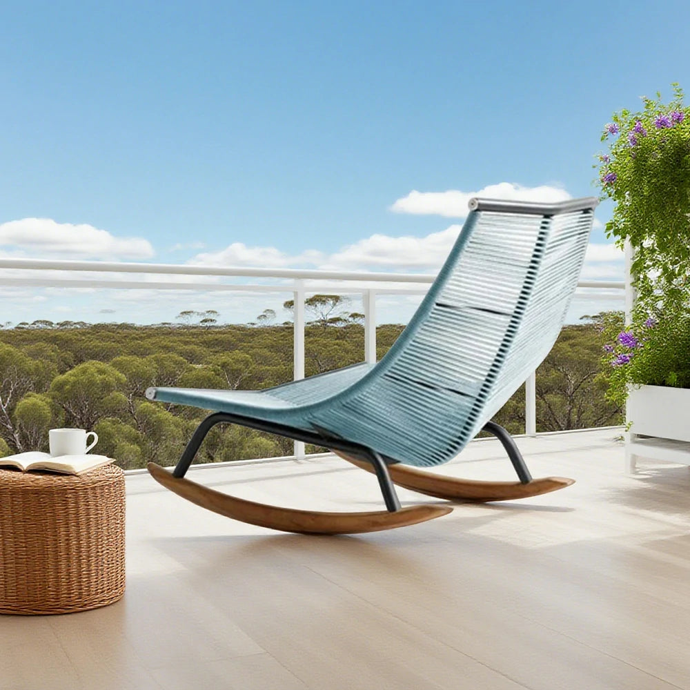 SOLARA Sleigh Rocking Chair - Smooth Rocking Motion, Handwoven Rattan with Aluminium Frame, Stable Design - Blue