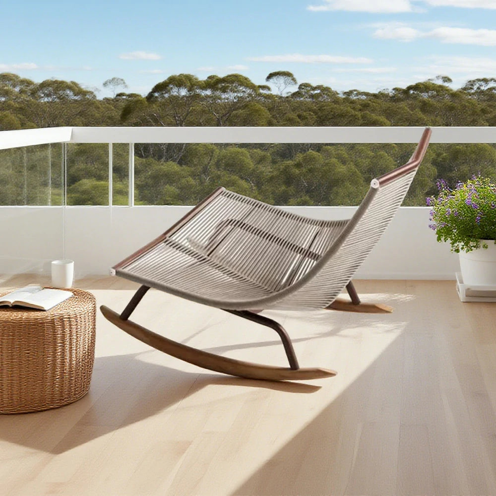 SOLARA Sleigh Rocking Chair - Smooth Rocking Motion, Handwoven Rattan with Aluminium Frame, Stable Design - White