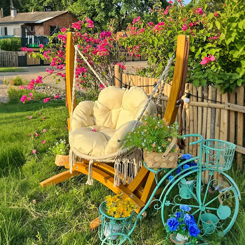 SOLARA Outdoor Wooden Swing Chair with Cushion Set - Premium Solid Wood Frame, 137cm Garden & Patio Relaxation Seat, Durable Rope & Adjustable Height - Yellow