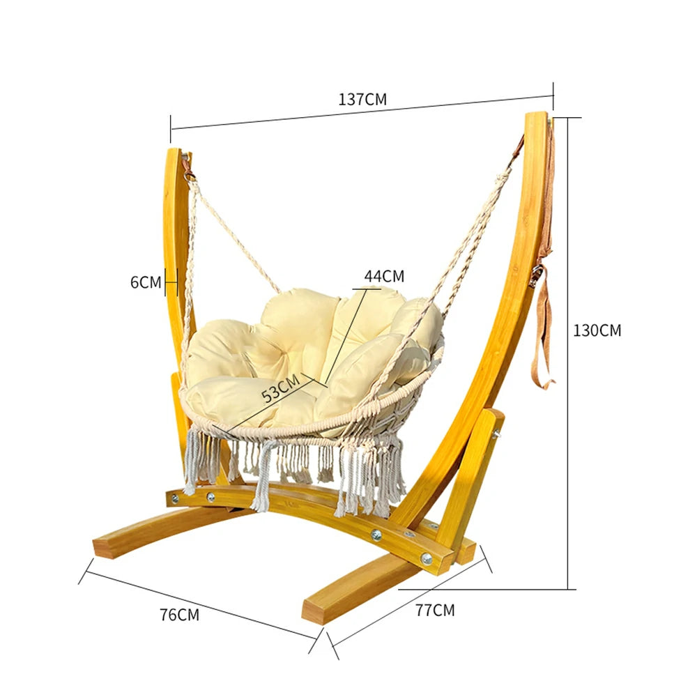 SOLARA Outdoor Wooden Swing Chair with Cushion Set - Premium Solid Wood Frame, 137cm Garden & Patio Relaxation Seat, Durable Rope & Adjustable Height - Yellow
