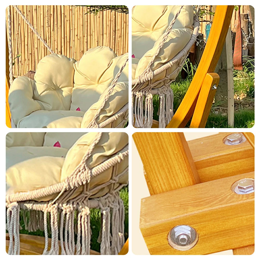 SOLARA Outdoor Wooden Swing Chair with Cushion Set - Premium Solid Wood Frame, 137cm Garden & Patio Relaxation Seat, Durable Rope & Adjustable Height - Yellow