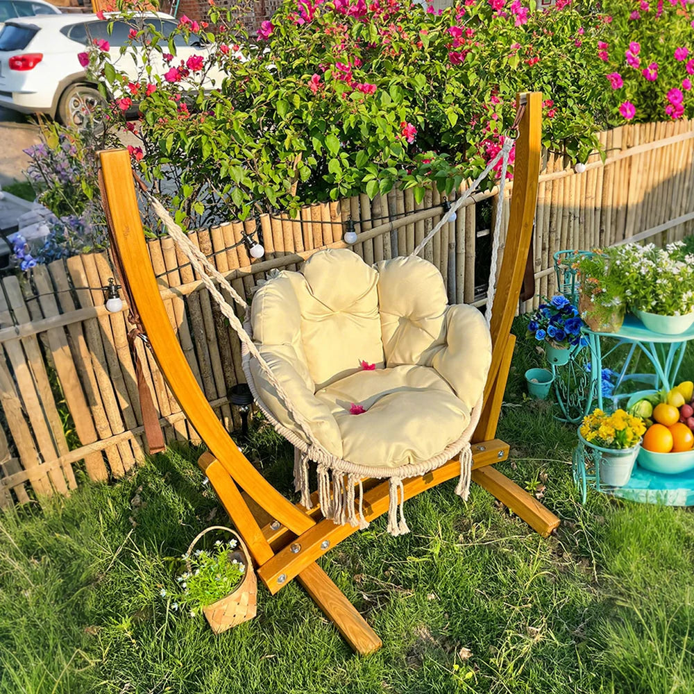 SOLARA Outdoor Wooden Swing Chair with Cushion Set - Premium Solid Wood Frame, 137cm Garden & Patio Relaxation Seat, Durable Rope & Adjustable Height - Yellow