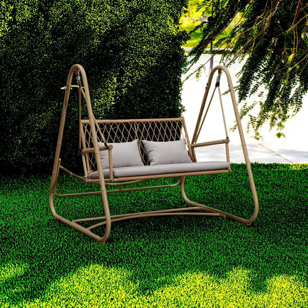 SOLARA Classic Single Swing Chair - Handwoven Bamboo Rattan Design, Durable Alloy Steel Frame, 148cm Relaxing Garden & Patio Seating - Yellow