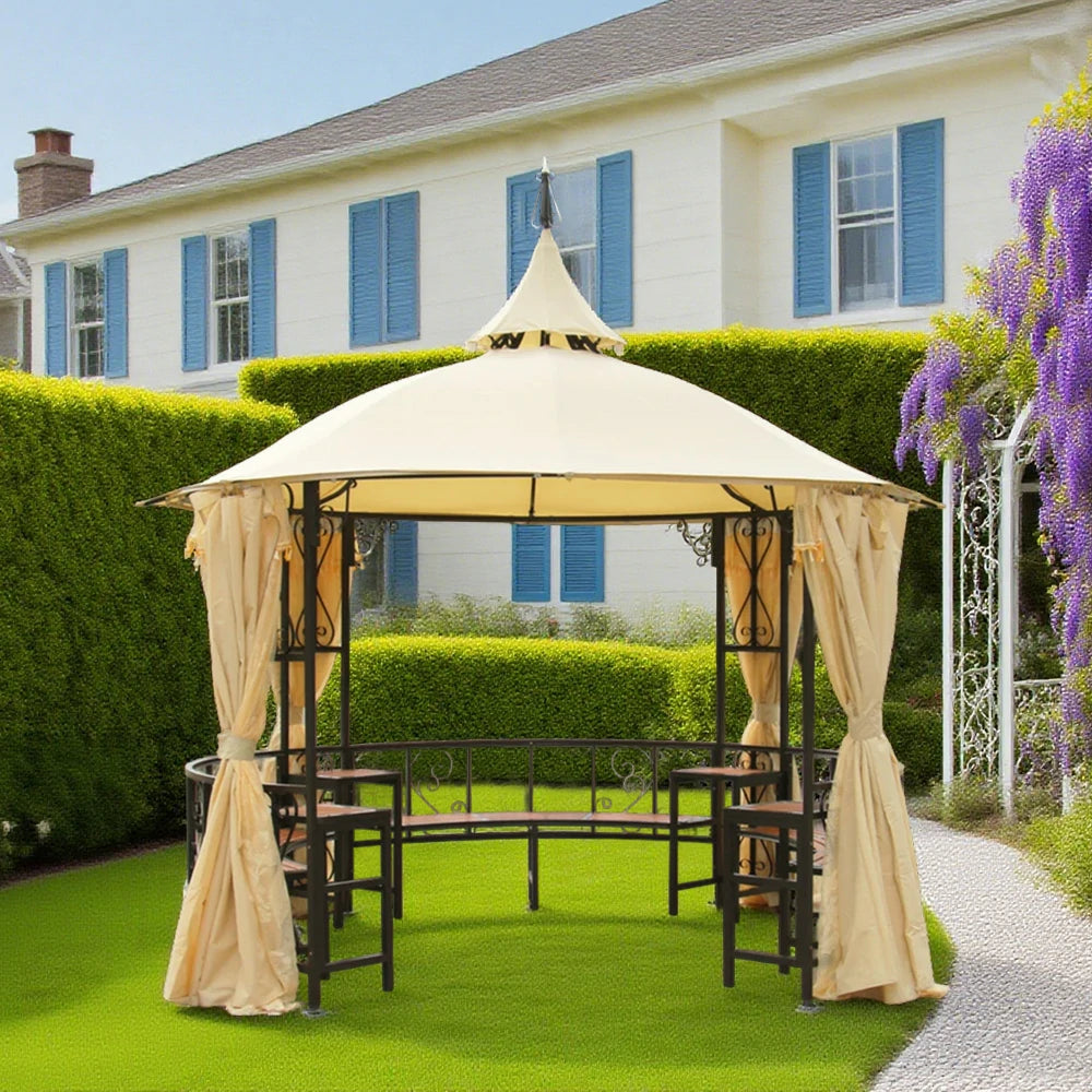 SOLARA Outdoor Pavilion – Large 4m Round Heavy-Duty Gazebo with Reinforced Steel Frame and Waterproof & Mesh Curtains - Yellow