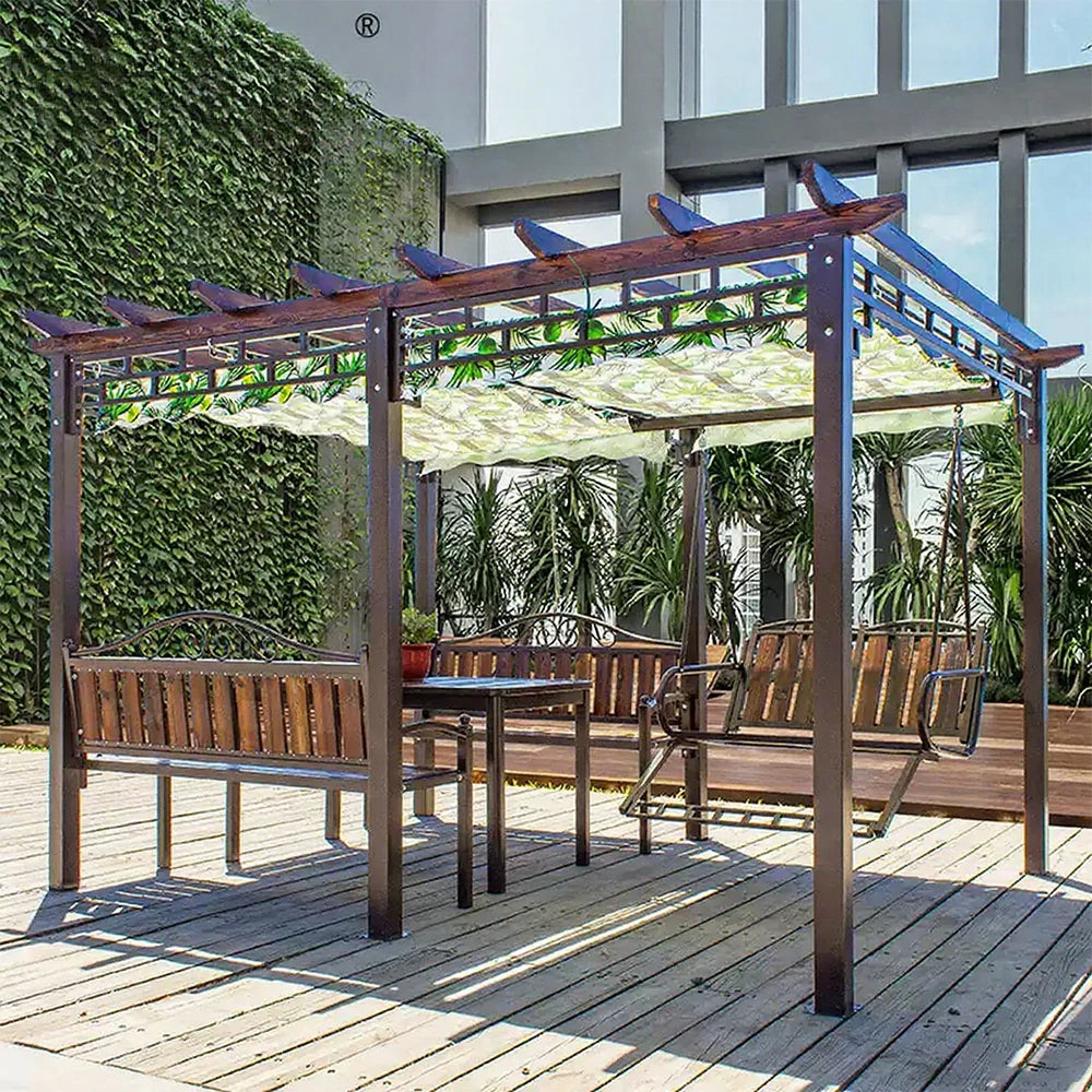 SOLARA Outdoor Canopy - Multi-Functional Pavilion with Reinforced Aluminium Frame, Expandable UV-Resistant Canopy, Climbing Plant-Friendly Design - Brown