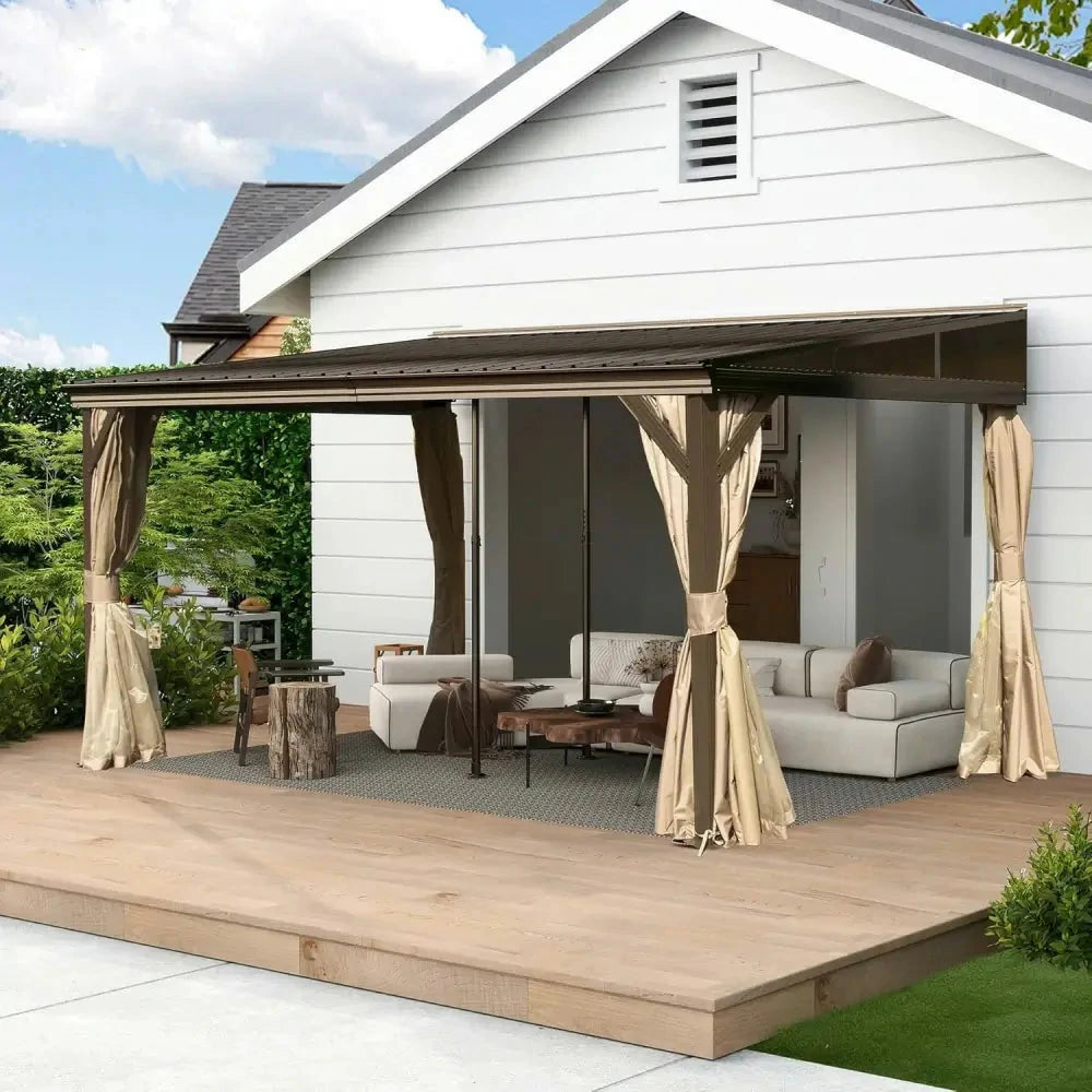 SOLARA Outdoor Canopy - High-Low Design with Reinforced Aluminium Frame & Dual Curtains - Brown