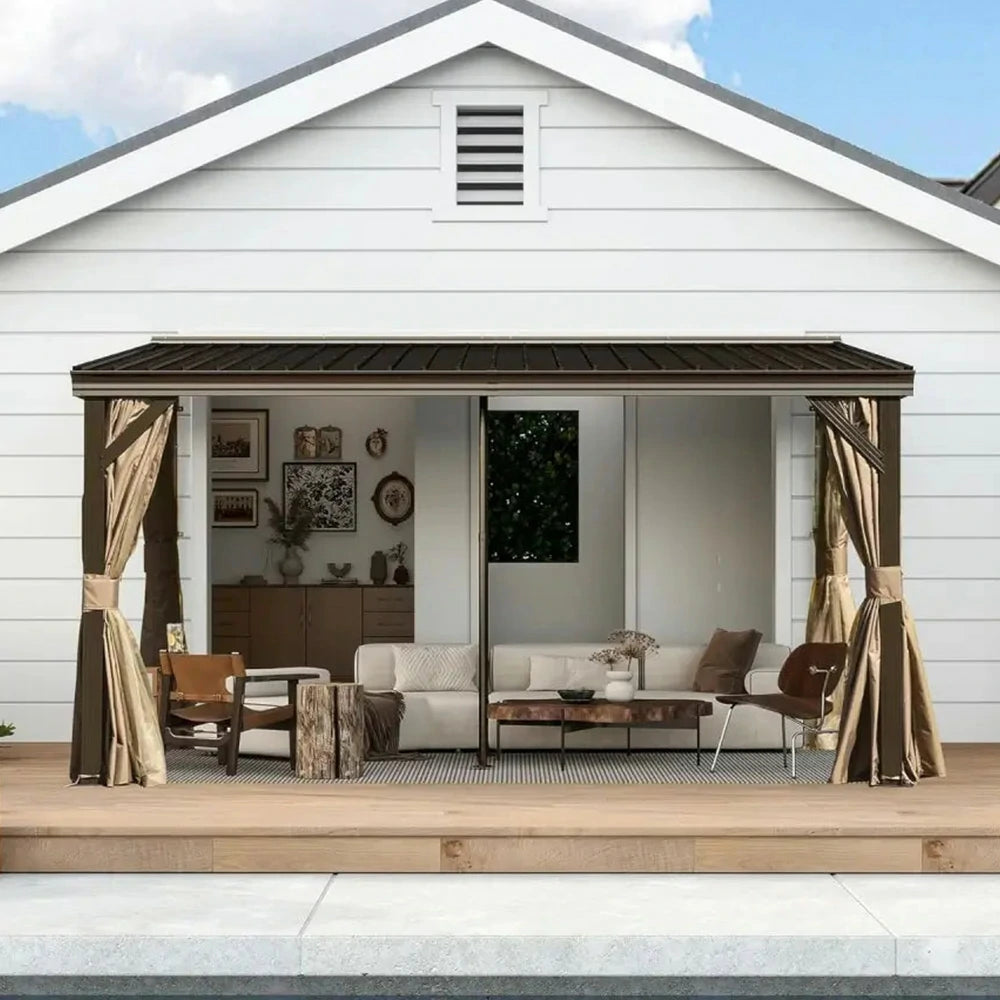 SOLARA Outdoor Canopy - High-Low Design with Reinforced Aluminium Frame & Dual Curtains - Brown