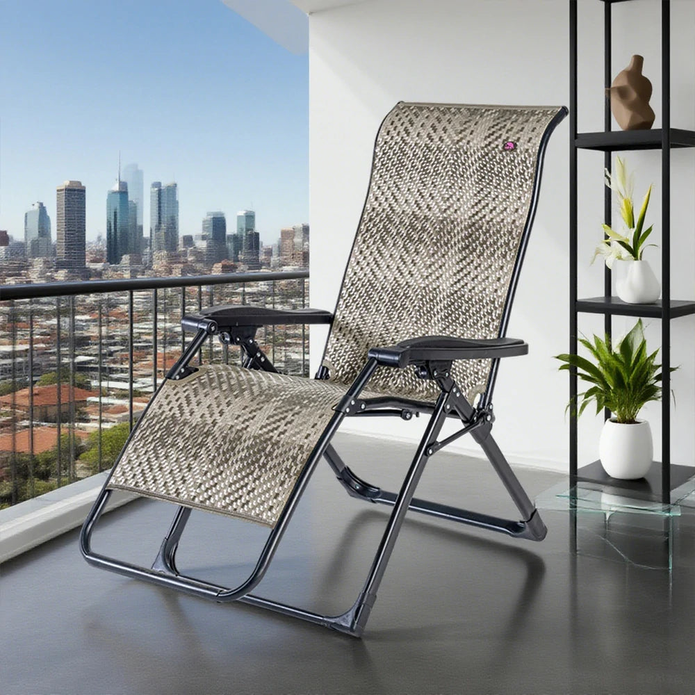 SOLARA Foldable Outdoor Lounge Chair – Solid Wood & PE Rattan, Adjustable Reclining Design, Space-Saving Storage, 150kg Max Load - Grey