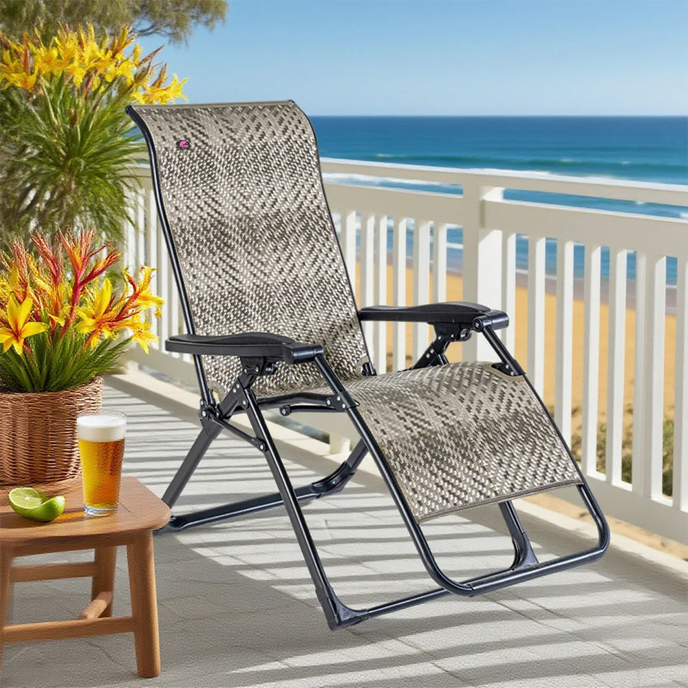 SOLARA Foldable Outdoor Lounge Chair – Solid Wood & PE Rattan, Adjustable Reclining Design, Space-Saving Storage, 150kg Max Load - Grey