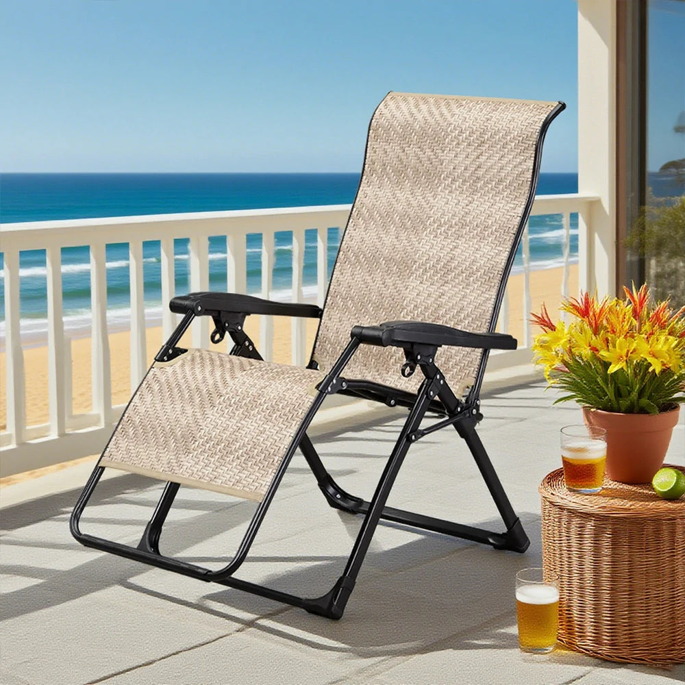 SOLARA Foldable Outdoor Lounge Chair – Solid Wood & PE Rattan, Adjustable Reclining Design, Space-Saving Storage, 150kg Max Load - White