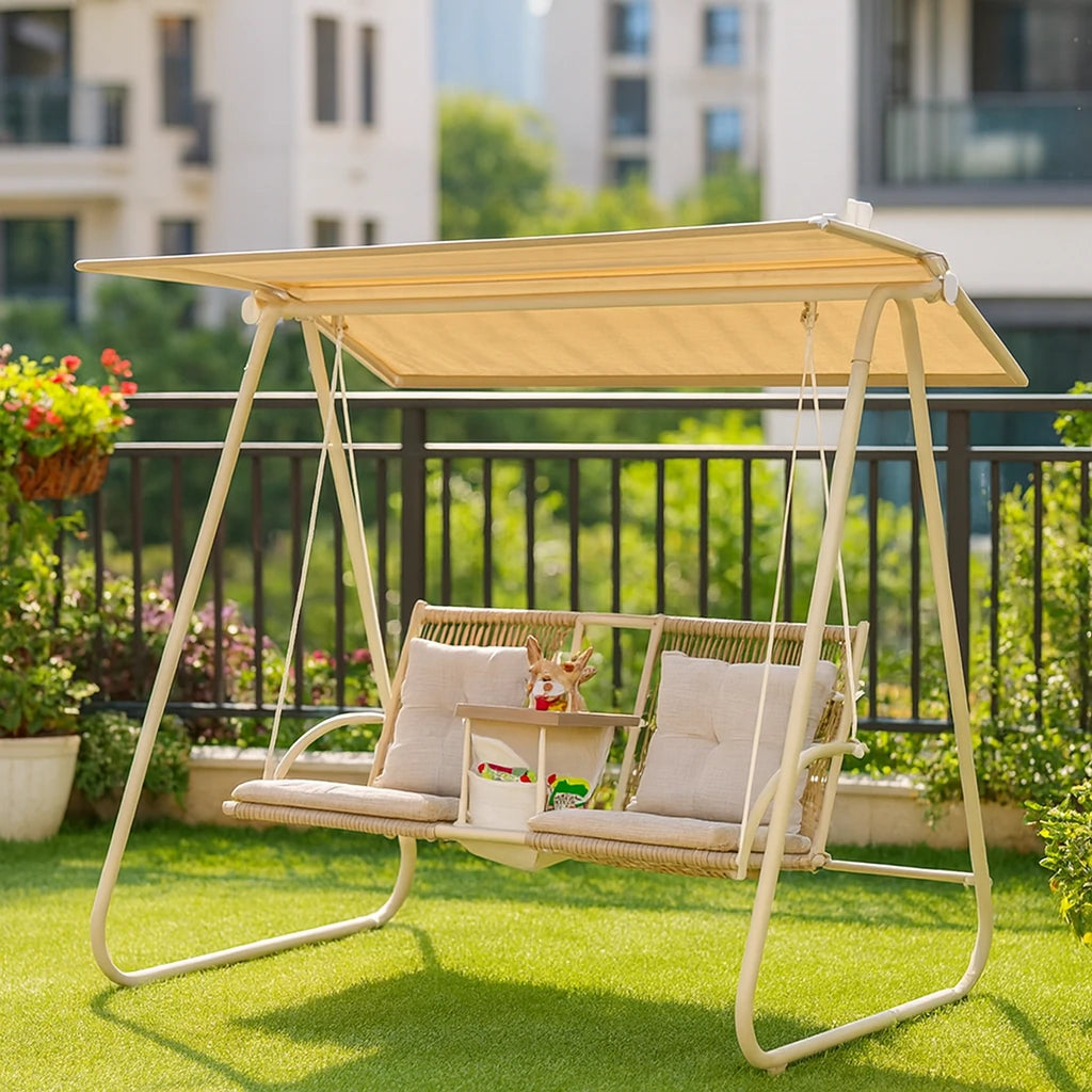 SOLARA Outdoor Canopy Swing Chair - Multi-Functional Design with Storage Organizer, Alloy Steel Frame, Patio & Garden Relaxation Seat - White