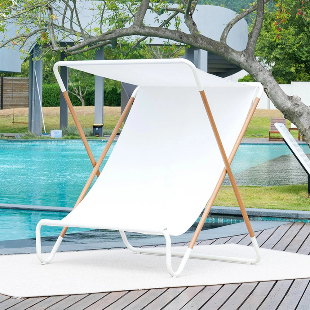 SOLARA Outdoor Folding Chair - Sunshade Design, Alloy Steel Frame, Patio & Garden Recliner, Waterproof Fabric - White