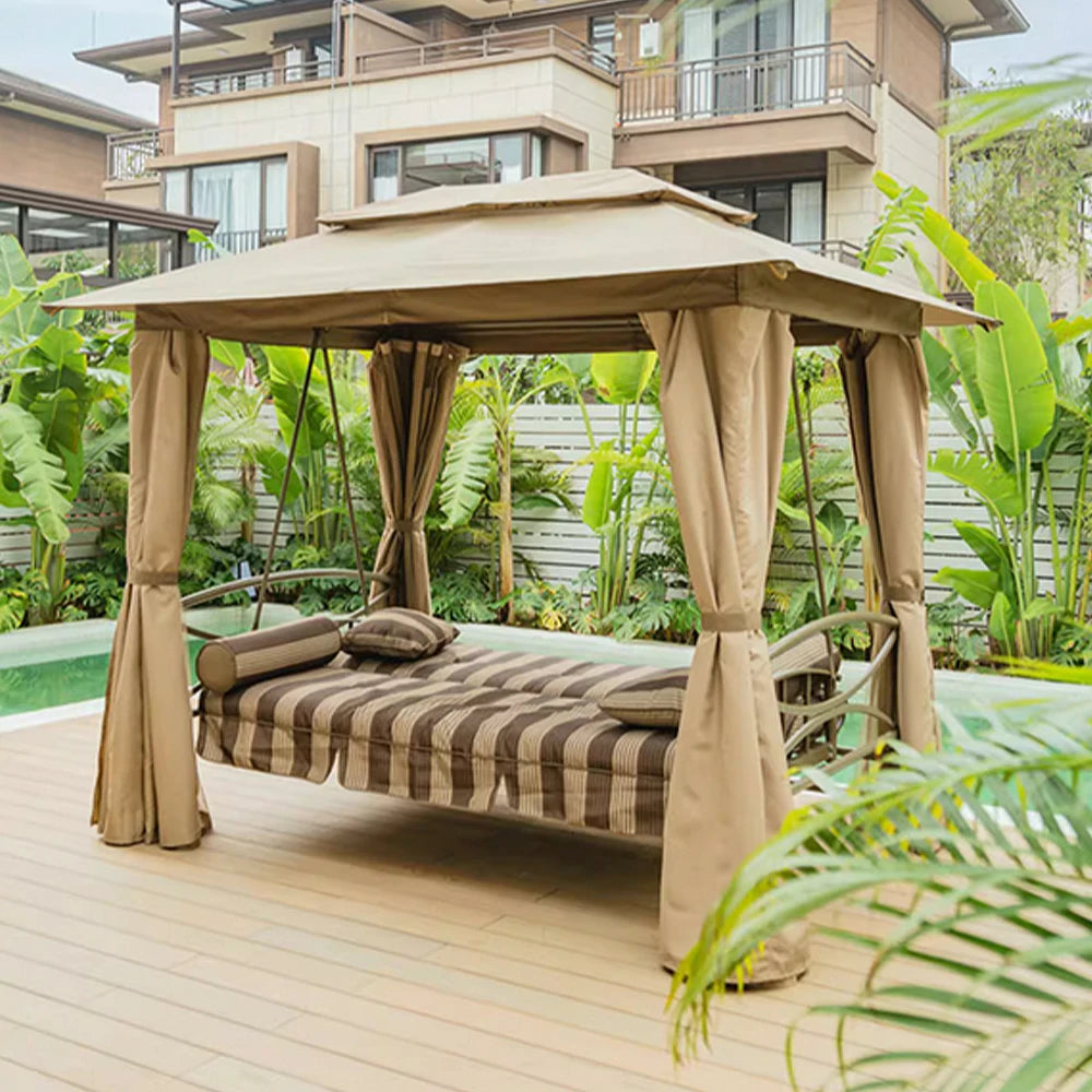 SOLARA Outdoor Swing Canopy - Extra-Wide Design with Galvanised Steel Frame, Breathable Double-Layer Shade, Includes Privacy Curtains & Mesh – Khaki