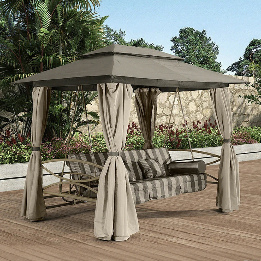 SOLARA Outdoor Swing Canopy - Extra-Wide Design with Galvanised Steel Frame, Breathable Double-Layer Shade, Includes Privacy Curtains & Mesh – Khaki