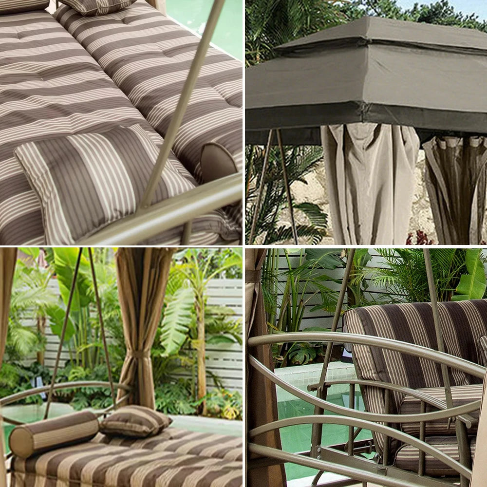 SOLARA Outdoor Swing Canopy - Extra-Wide Design with Galvanised Steel Frame, Breathable Double-Layer Shade, Includes Privacy Curtains & Mesh – Khaki