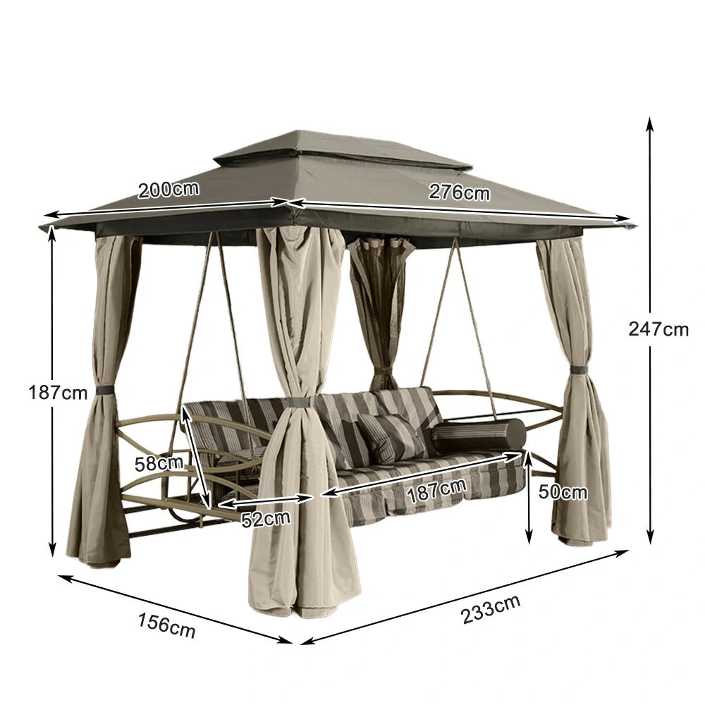 SOLARA Outdoor Swing Canopy - Extra-Wide Design with Galvanised Steel Frame, Breathable Double-Layer Shade, Includes Privacy Curtains & Mesh – Khaki